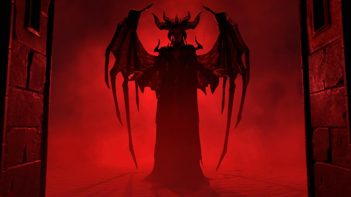 Lilith from Diablo 4 looks menacingly in a red background.