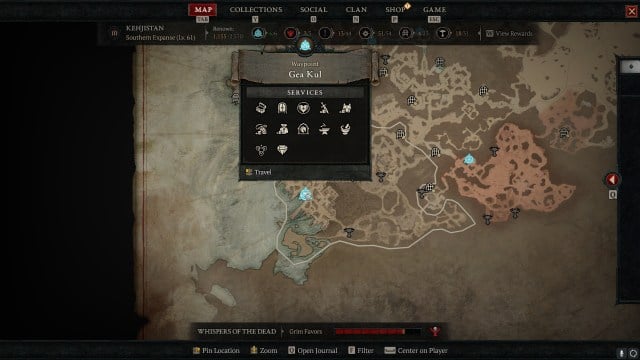 A screenshot of Diablo 4's map showing the Gea Kul Waypoint and its vendors.