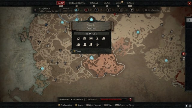 A screenshot of Diablo 4's map showing the Denshar Waypoint by the Fields of Hatred.