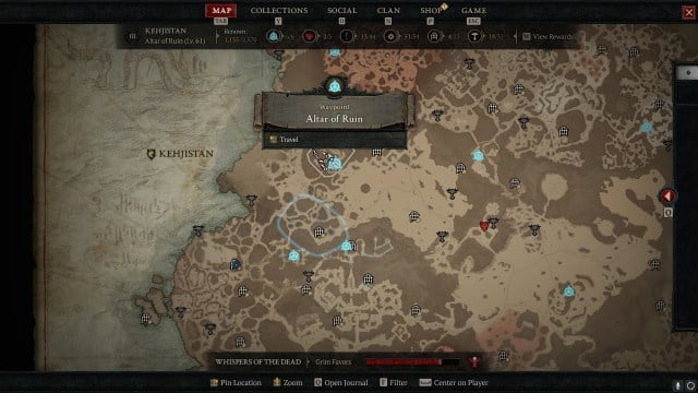 A screenshot showing the location of the Altar of Ruin Waypoint in Diablo 4.