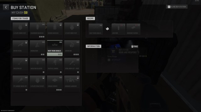 A screenshot of the barter menu in Warzone's DMZ, specifying the recipe for Night Vision Goggles.