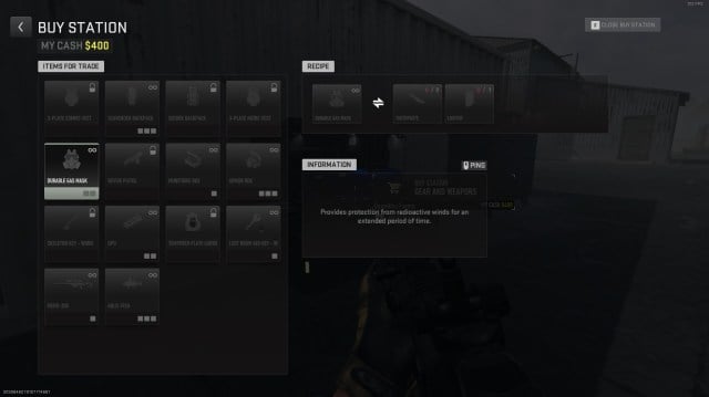 A screenshot of the barter recipe for a Durable Gas Mask on Ashika Island in DMZ.