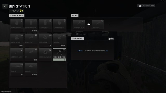 A screenshot outlining the recipe for the Lost Room 403 key on Ashika Island in DMZ.