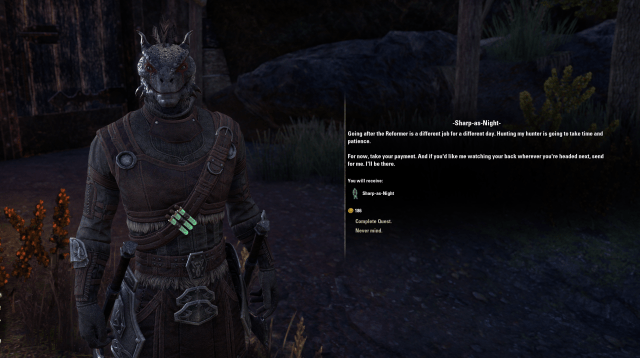 Sharp-as-Night stands to the left as a dialogue box on the right shows the quest has been completed.