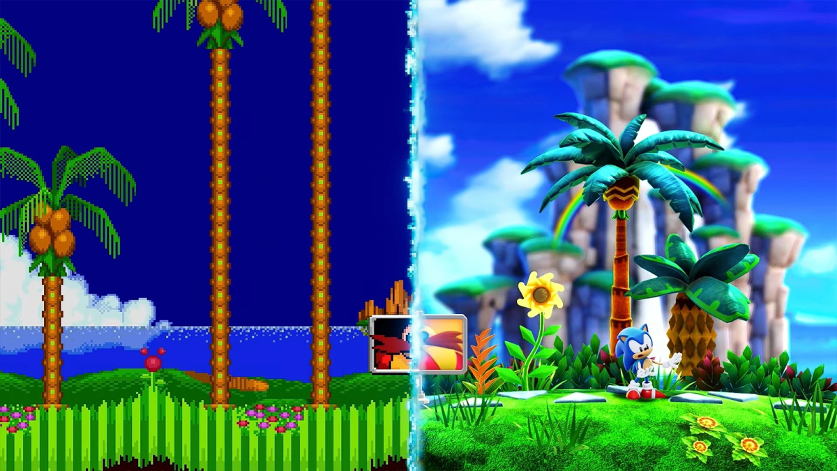 Sonic going from classic 2D to a more modern look in Sonic Superstars.