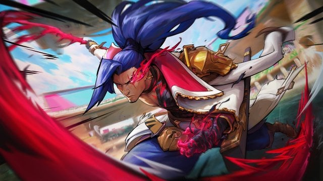 Dark-red energy pours out of Yasuo's left eye, left hand, and sword in his Soul Fighter skin.