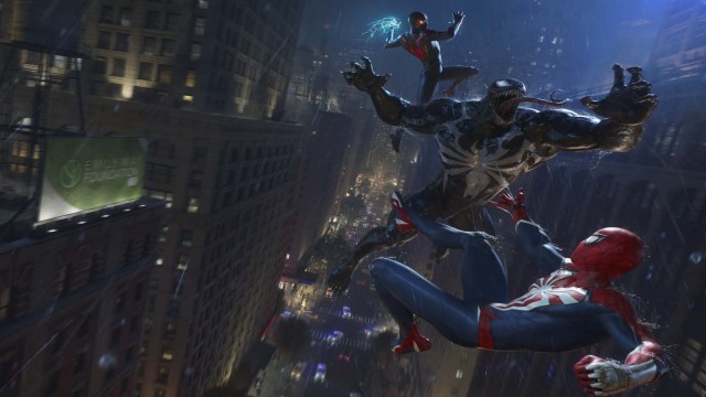 Venom battles Peter Parker and Miles Morales in the rain above New York.