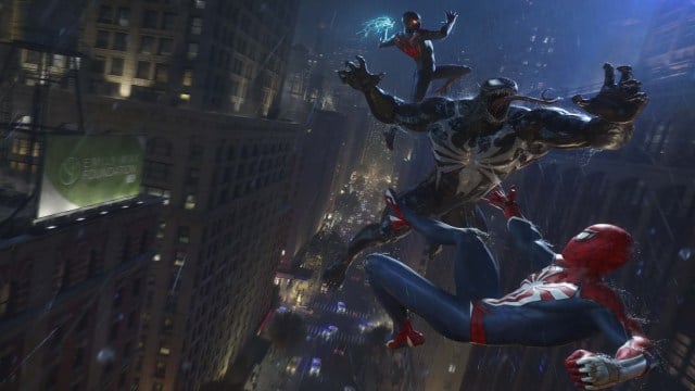 Venom battles Peter Parker and Miles Morales in the rain above New York.