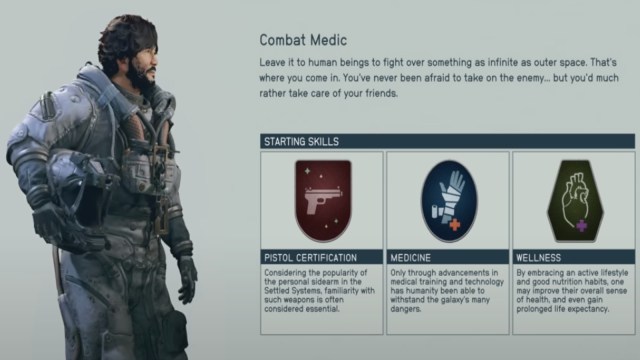 The Combat Medic background in Starfield and its description.