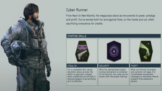 The Cyber Runner background in Starfield and its description.