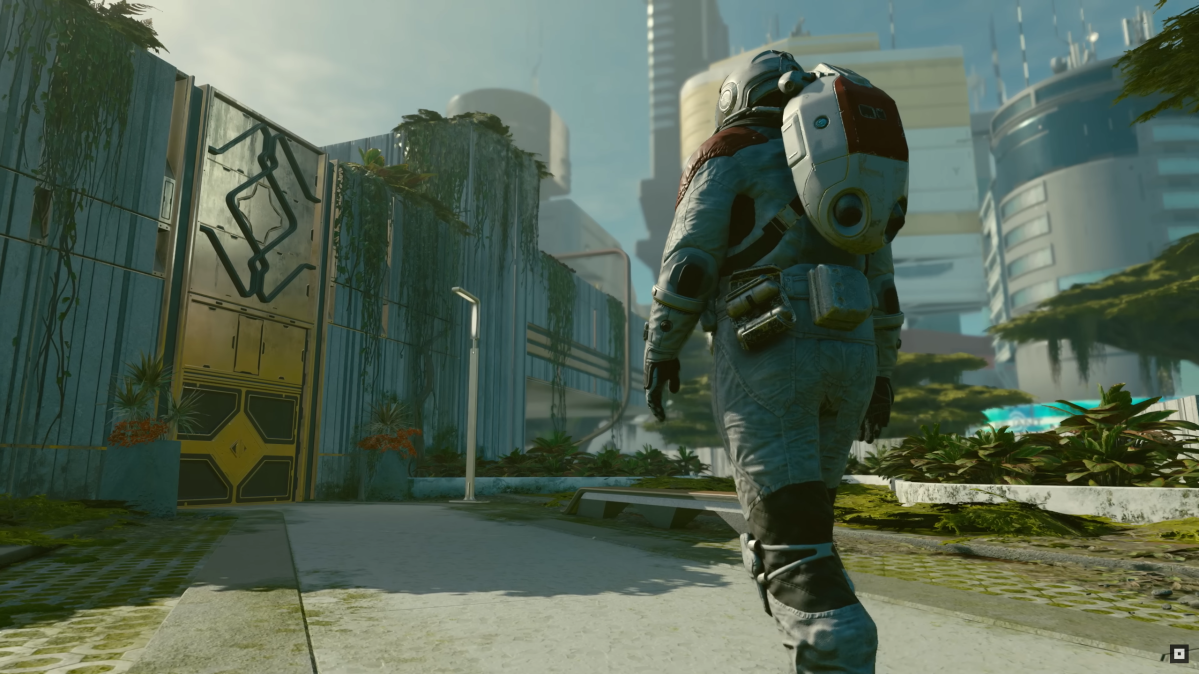 Main Starfield character walking through New Atlantis.