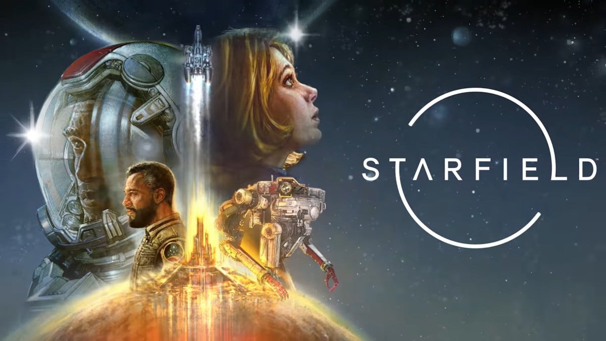 The cover art for Starfield, featuring an assortment of characters and the game's logo.