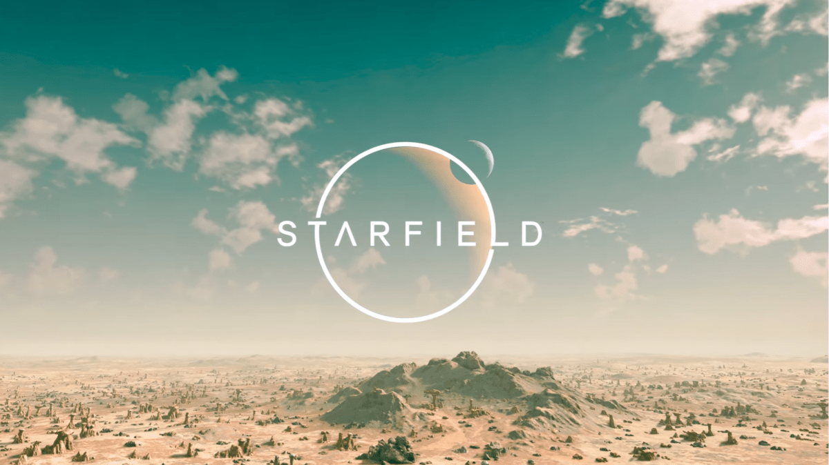 A screenshot of the Starfield Logo in front of a teal, cloudy sky and desert terrain.