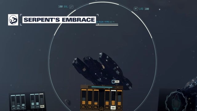 A player approaches a ship in Starfield but talks their way past with the Serpent's Embrace trait.