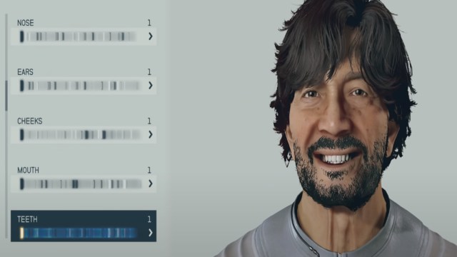 The face customization screen in Starfield's character creator, showing options for nose, ears, cheeks, mouth and teeth.