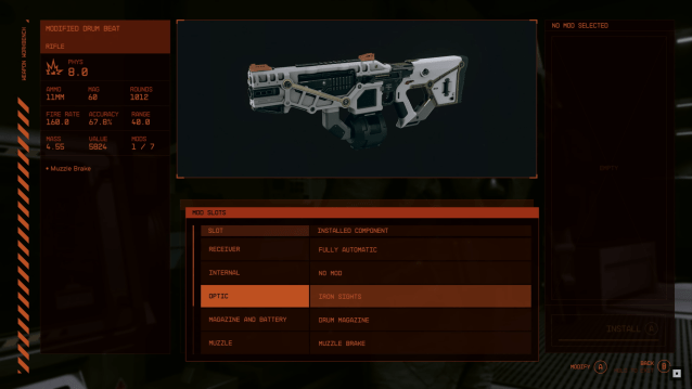 A mod menu for one of the rifles in Starfield.