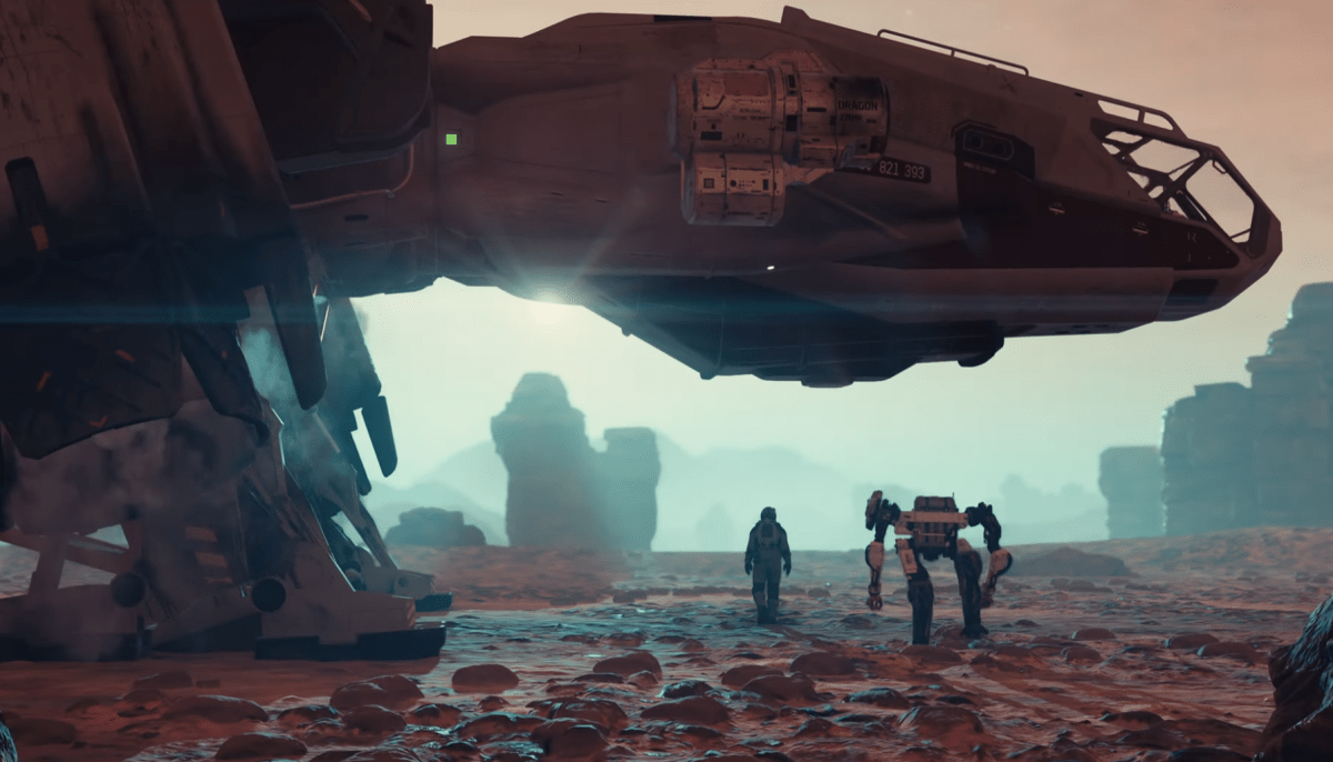 A screenshot from the Starfield trailer, showing a person walking on a planet in a spacesuit with a bipedal robot trotting along next to them. The sky is teal and the sun peaks through beneath a spaceship that sits next to the person.