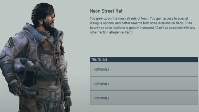 The Trait option screen in Starfield's character creation menu, with Neon Street Rat's trait outlined in full.