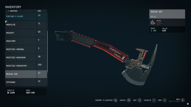 An axe in Starfield's inventory menu.