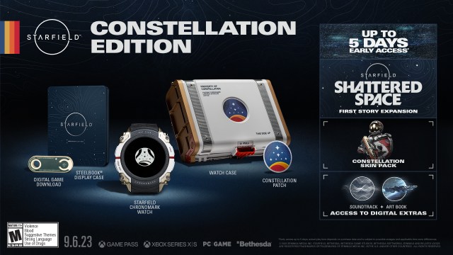 A promotional image showing of the Constellation Edition of Starfield, including a watch, a silver watch case, and a navy steelbook display case.
