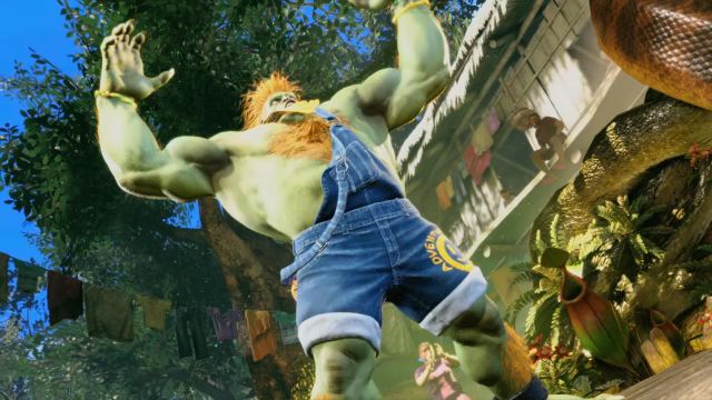 Blanka from Street Fighter 6 with his arms raised in an ape-like intimidation tactic.