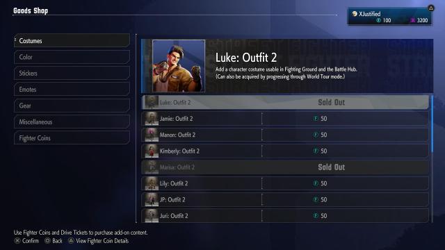 Shop menu showing alternate outfits and costs for Street Fighter 6.