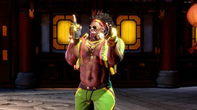 Dee Jay from Street Fighter 6 throwing up a peace sign and finger guns with a big smile.