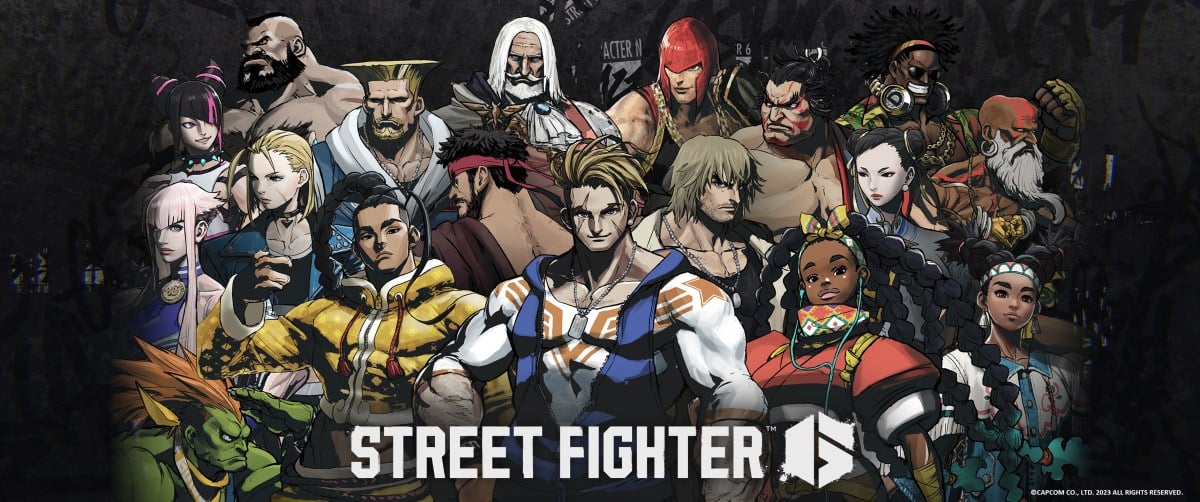 All 18 base fighters from Street Fighter 6 standing together in a drawn picture