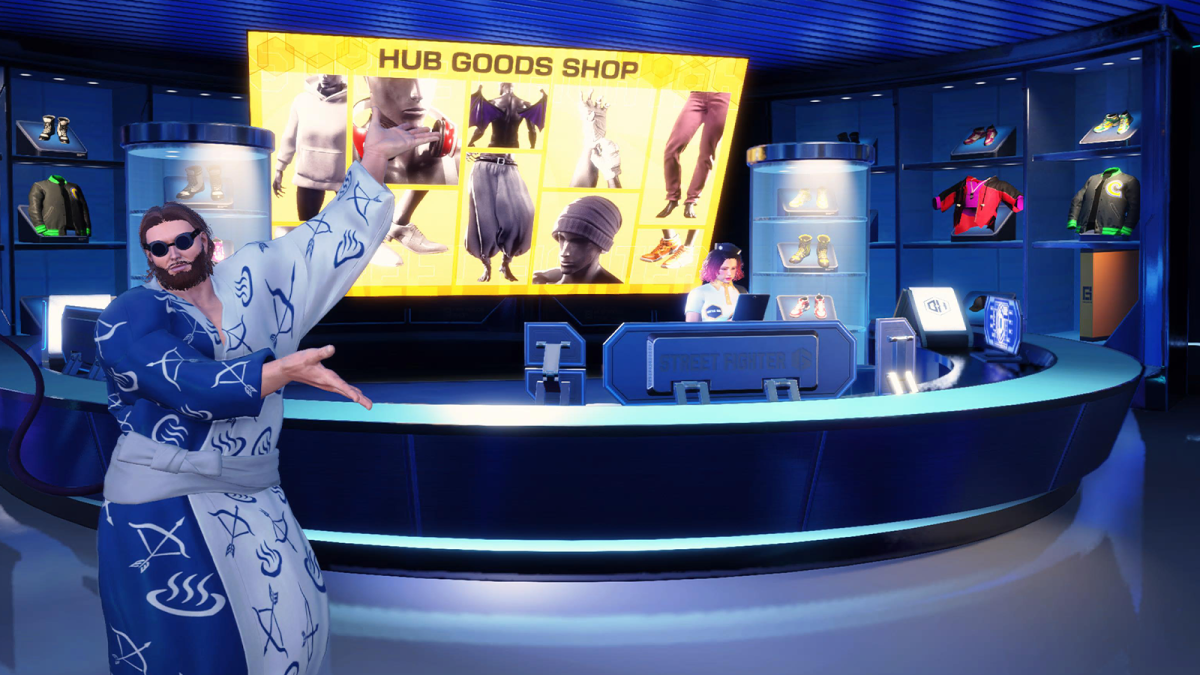 Player character showcasing the front of the Good Shop in Street Fighter's Battle Hub.