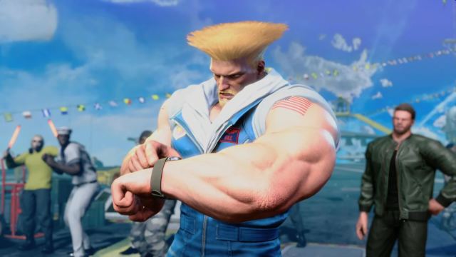 Guile from Street Fighter 6 looking down and adjusting his watch.