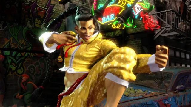 Jamie from Street Fighter 6 in a martial arts pose with his hands as if he's pulling a bow string and a knee up ready to strike with his foot.
