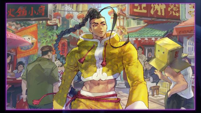 Jamie from Street Fighter 6 in a yellow jumpsuit walking down the street