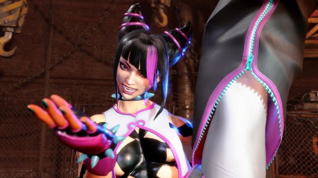 Juri from Street Fighter 6 smirking with one leg up in the air and her hand outstretched.