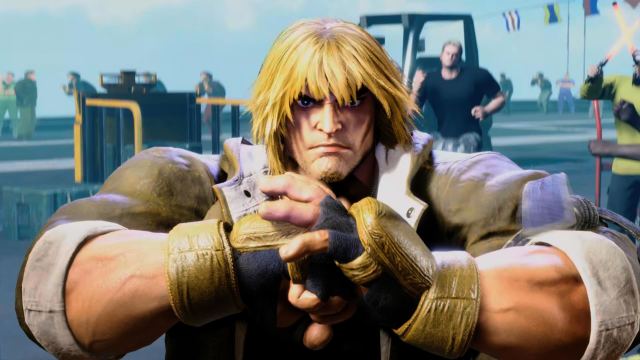 Ken from Street Fighter 6 punching his open palm with a stern look on his face.
