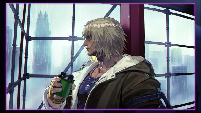 Ken holds a drink and looks thoughtfully out a window as it rains