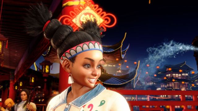 Lily from Street Fighter 6 looking at her opponent and smiling.