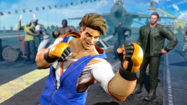 Luke from Street Fighter 6 is in a boxing stance with one fist delivering an uppercut to the air.