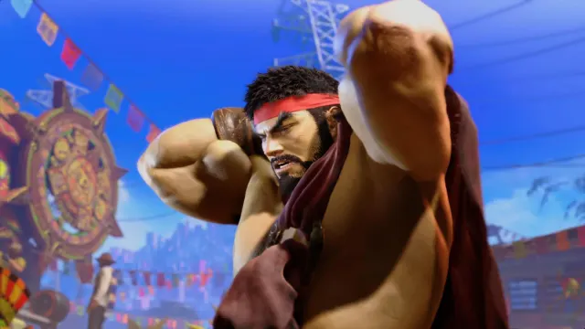 Ryu from Street Fighter 6 tightens his headband ahead of a fight.