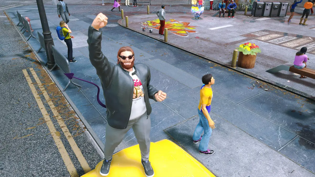 Player character standing on a taxi in Metro City.