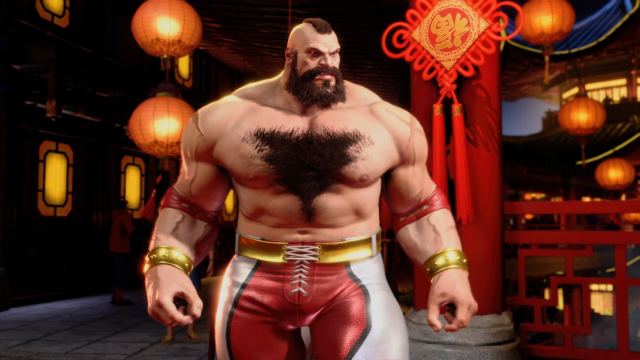 Zangief from Street Fighter 6 stands with his arms clenched and a tough-looking frown on his face.
