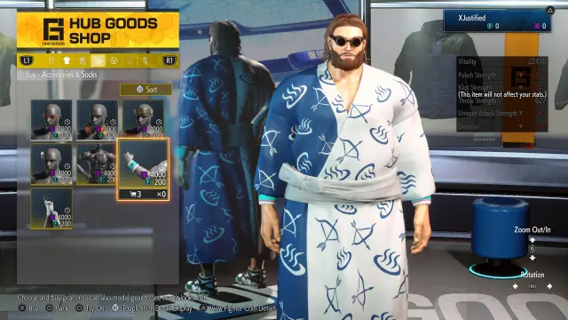 Custom character browsing the Goods Shop in Street Fighter 6's Battle Hub.