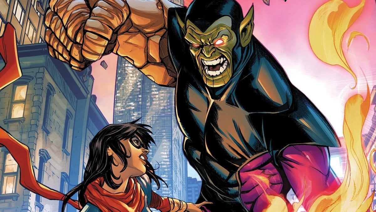 Super Skrull winding up a punch. the art style is colourful and comic book-esque