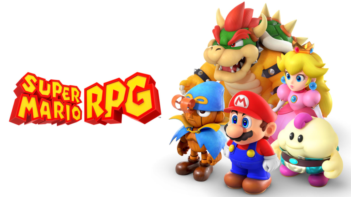 Mario, Mallow, Geno, Peach, and Bowser standing next to the Super Mario RPG logo.