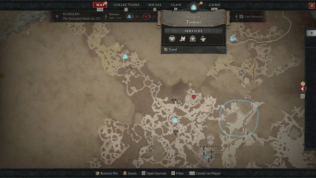 A screenshot of the Diablo 4 map showing the path from Kyovashad to the Tirmair Waypoint in Scosglen.