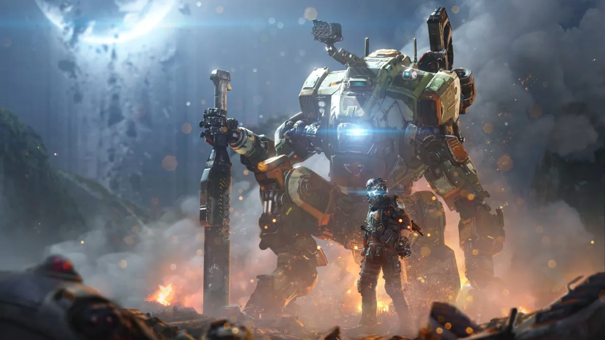 A pilot stands by their Titan in a fiery battlefield. in Titanfall.