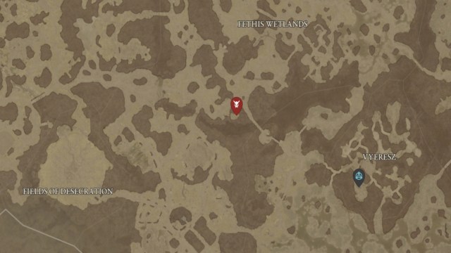 The location of Trembling Mass shown on the Diablo 4 map, a short distance from Vyeresz.