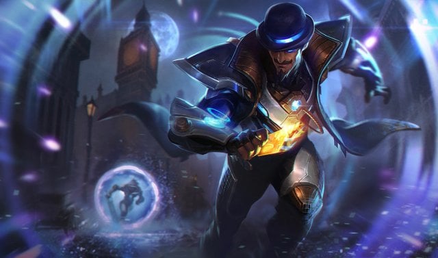 The splash art for Pulsefire Twisted Fate, depicting the champion in a trenchcoat and top hat escaping a futuristic pursuer through a portal.