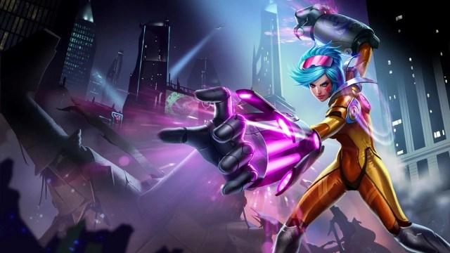 Vi getting ready to punch in a neon city.