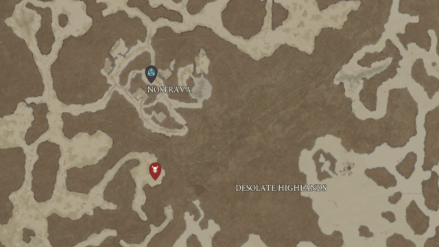 The location of Wrathful Osgar Reede shown on the Diablo 4 map south of Nostrava.