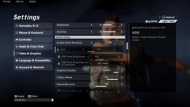 A screen showing the HDR settings in XDefiant
